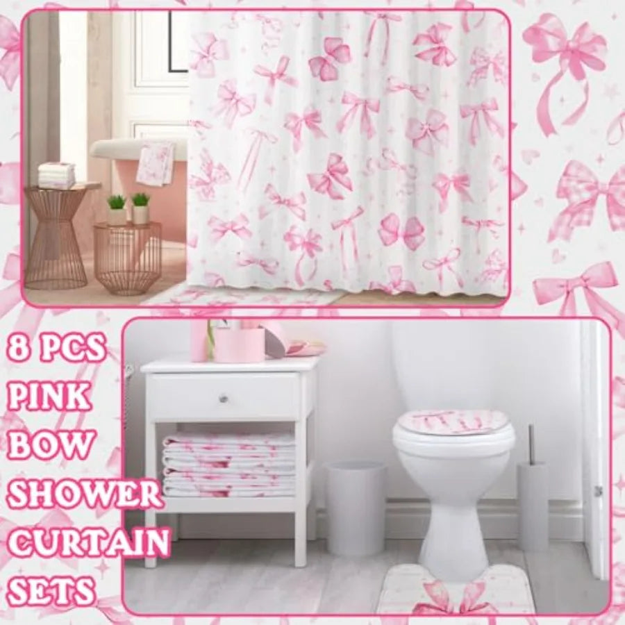 8 Pcs Pink Bow Shower Curtain Set for Bathroom Decor Cute Coquette Aesthetic Girly Bathroom Accessories with Towels Carpet Bath
