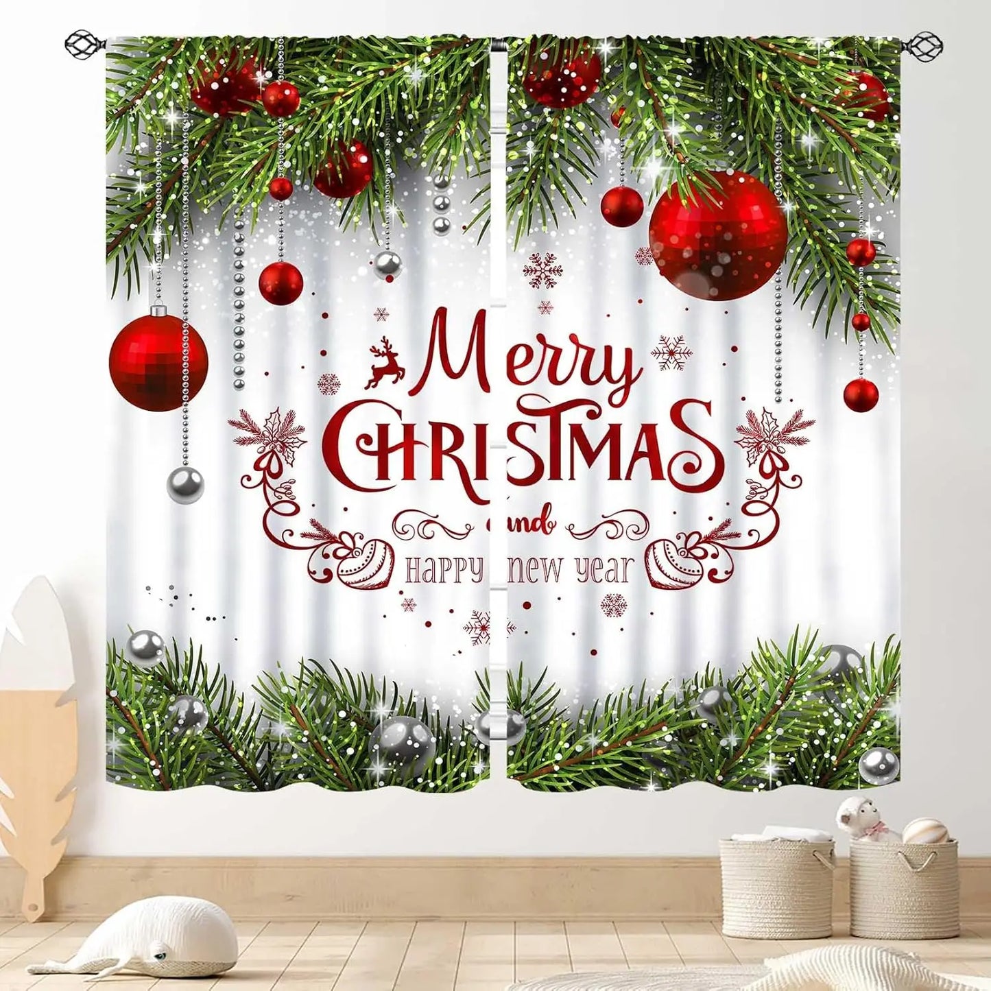 Christmas Tree Curtains, Xmas New Year Winter Snow Forest Merry Christmas Tree Shaped Party Decor Window Drapery Treatments for