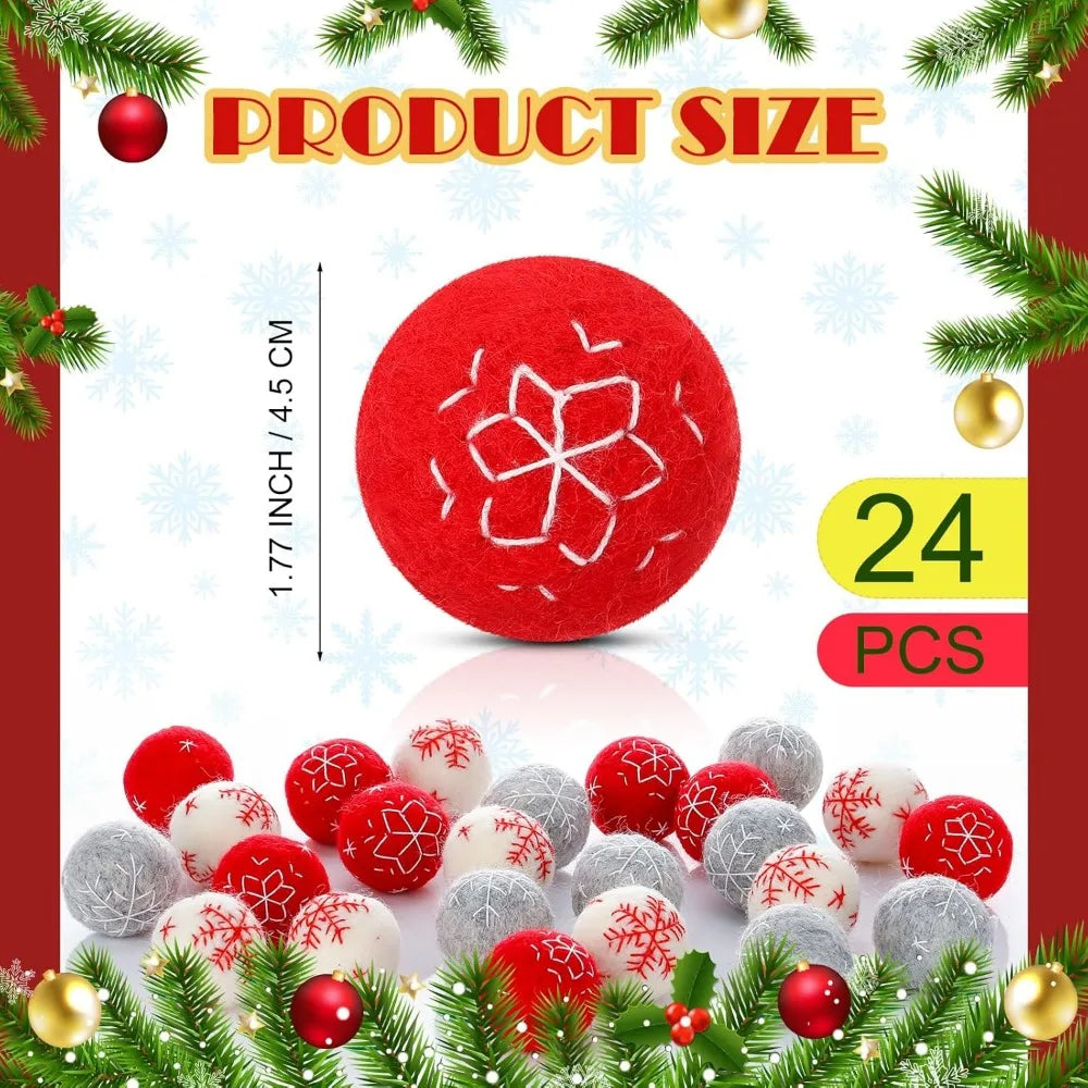 24 Pcs Felt Christmas Ornaments Balls Snowflake Xmas Hanging Wool Felt Balls Large Christmas Ball Tree Ornaments Felted Ball Dec