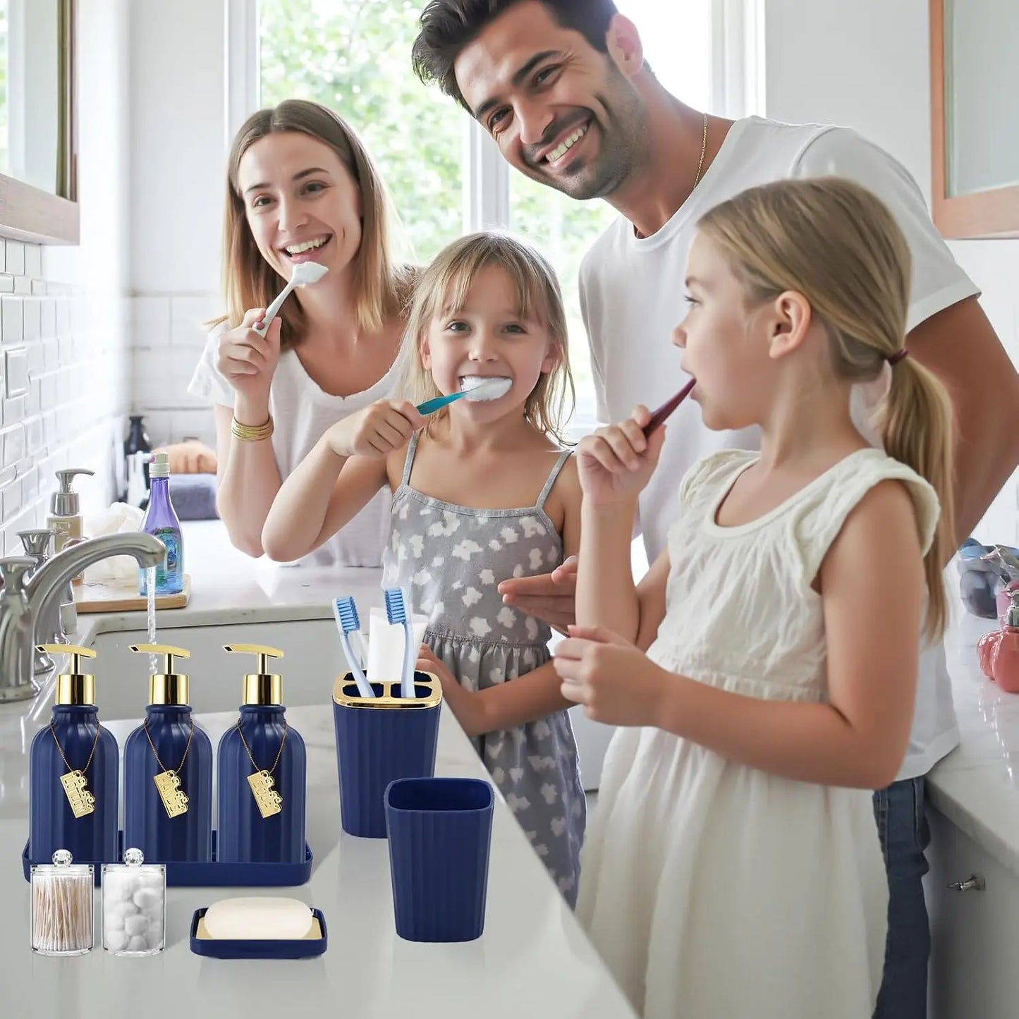 32-Piece Navy Blue Bathroom Set with Non-Slip Rugs, Waterproof Shower Curtain, and Accessories