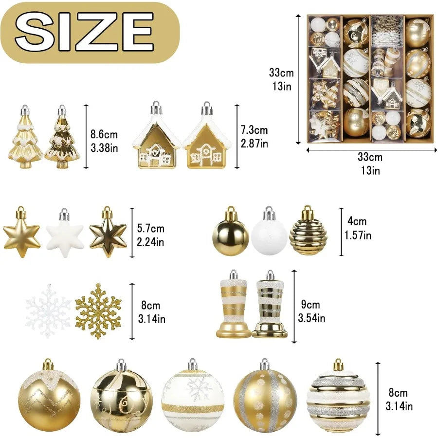 60Piece Shatterproof White Gold Assorted Christmas Ball Ornaments Set for Holiday Party Wedding and Christmas Tree Decoration E