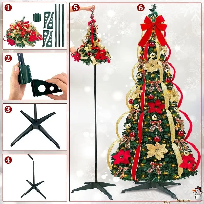 6 ft Pre-Decorated Christmas Tree with 150 Warm Lights, Gold and Red Color, Lighted Christmas Tree, Pop Up Christmas Tree