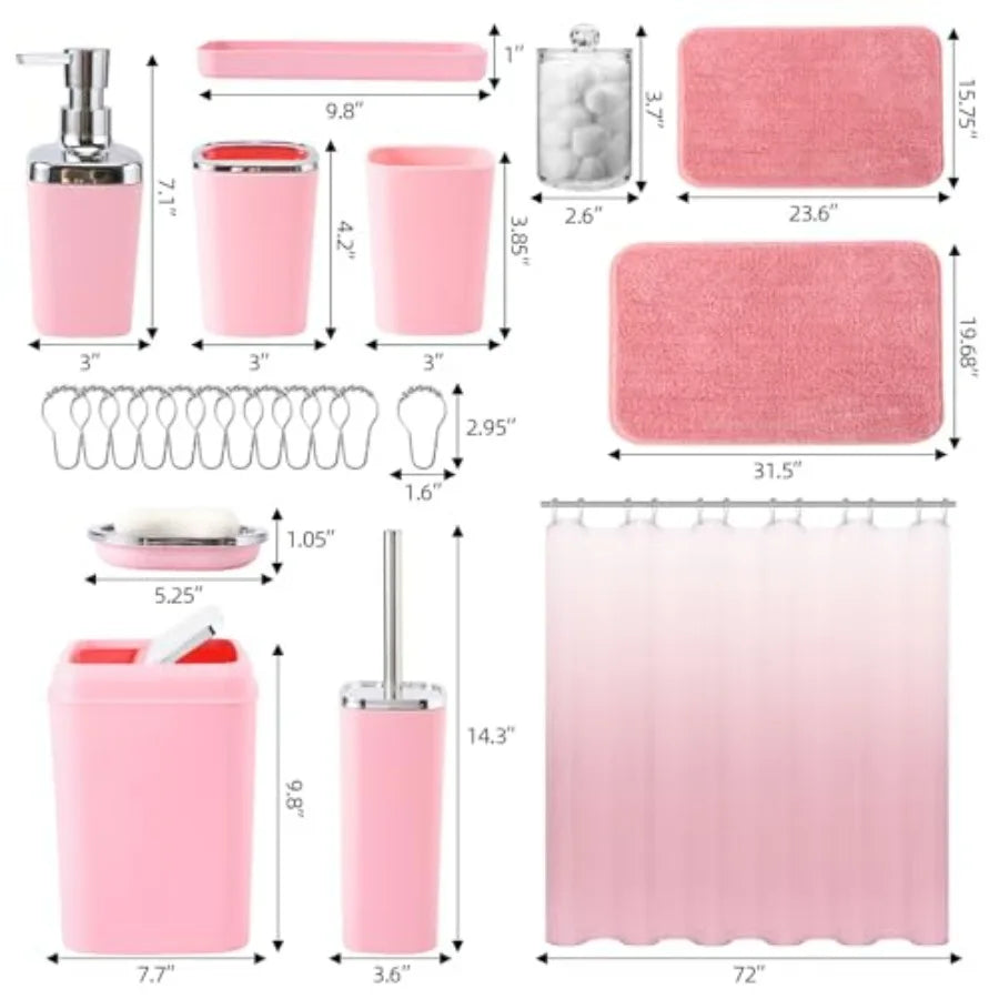 Bathroom Accessory Set with Pink Ombre Waterproof Shower Curtain and Non-Slip Absorbent Rugs Complete Bathroom Set for Home