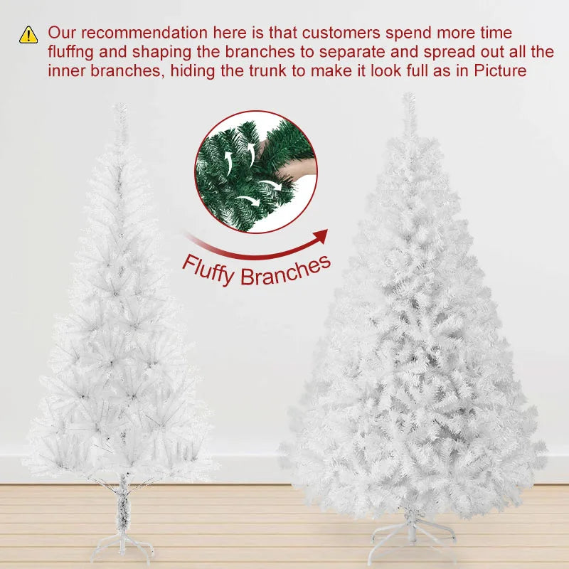 7FT White Christmas Tree with Metal Base – Fluffy PVC 1000 Branches for Holiday /Xmas Decor, No Ornament