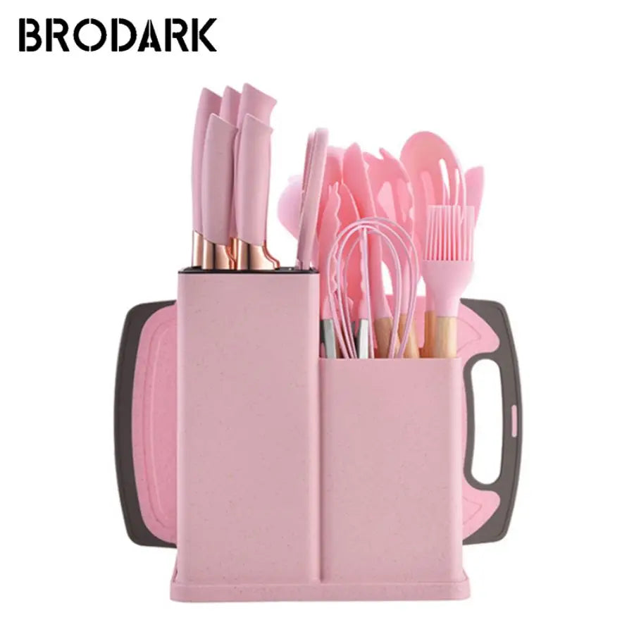 19pcs Food Grade Silicone Brodark Kitchenware Set, Cooking Spoon, Shovel, Cutting Board, Fruit Knife, Chef Knife, Combination Se