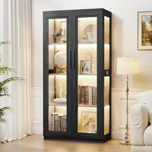 Curio Cabinet with Glass Doors, Bookcase with 4 Shelves, Display Cabinets for Collectibles, China Cabinet with 3 Color LED Light