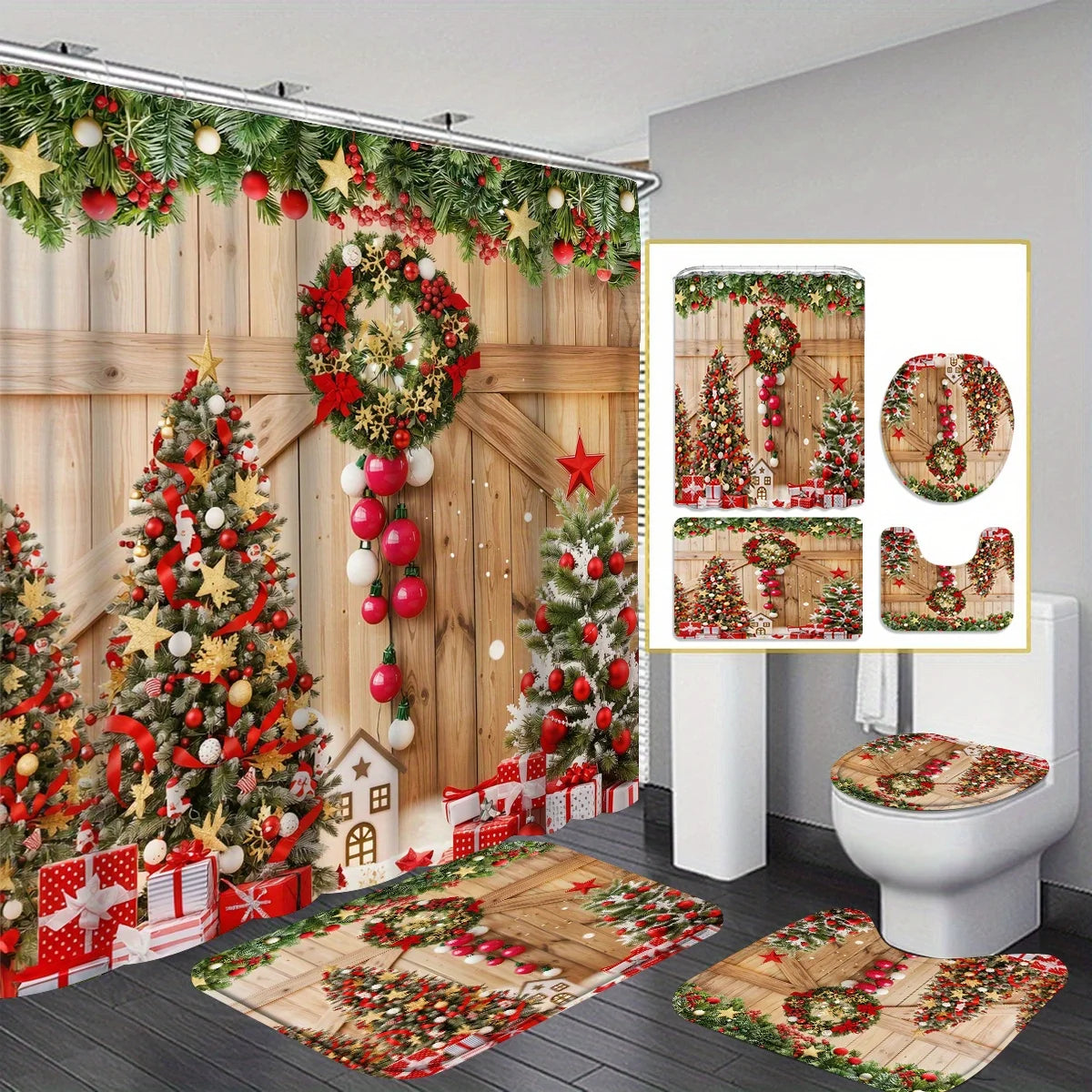 4pcs Christmas wreath pattern printed shower curtain set, dry and wet separation bathroom four-piece set, home decoration shower