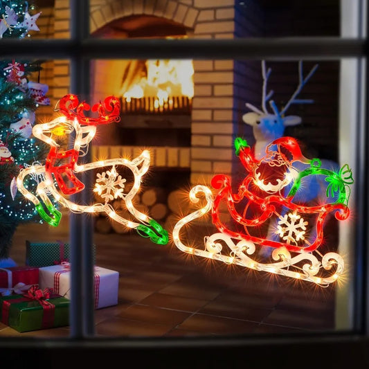 Lighted Santa in Sleigh with Reindeer Christmas Window Silhouette Lights Decorations for Home Party Patio Lawn Garden Animated