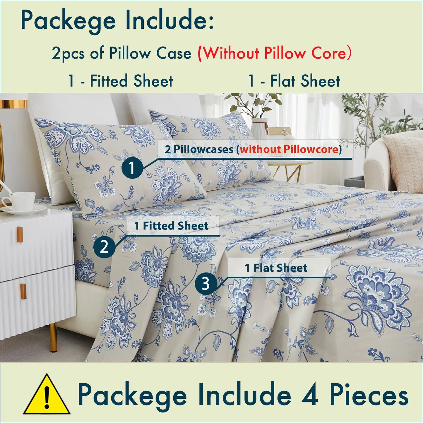 4pcs 600TC 100% Egyptian Cotton Sheet Set, Blue Boho Damask Paisley Floral, Soft Skin-Friendly (No Inserts)