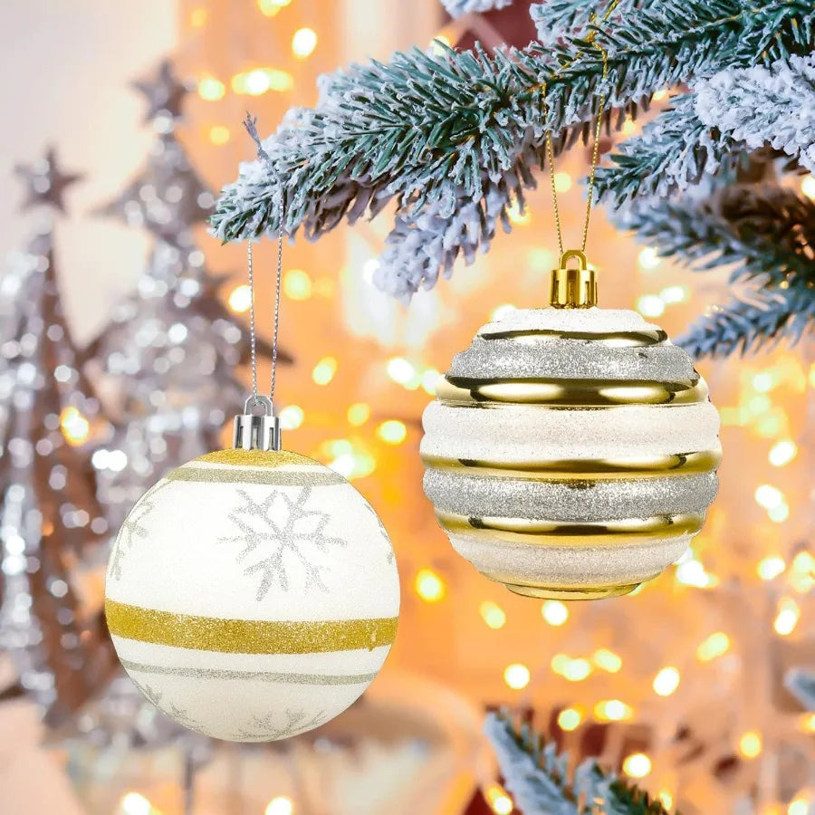 60Piece Shatterproof White Gold Assorted Christmas Ball Ornaments Set for Holiday Party Wedding and Christmas Tree Decoration E