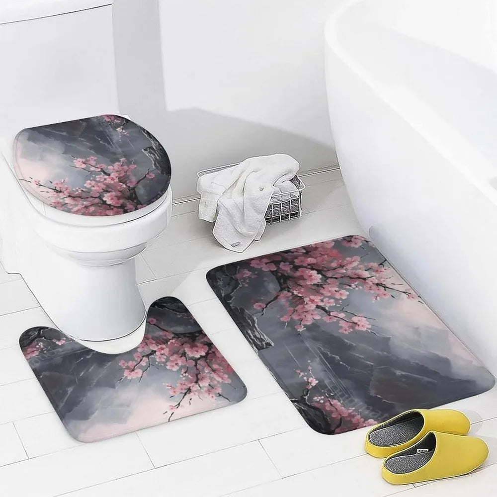 antique cherry blossom shower curtain and rug set, waterproof bathroom decor with nature theme