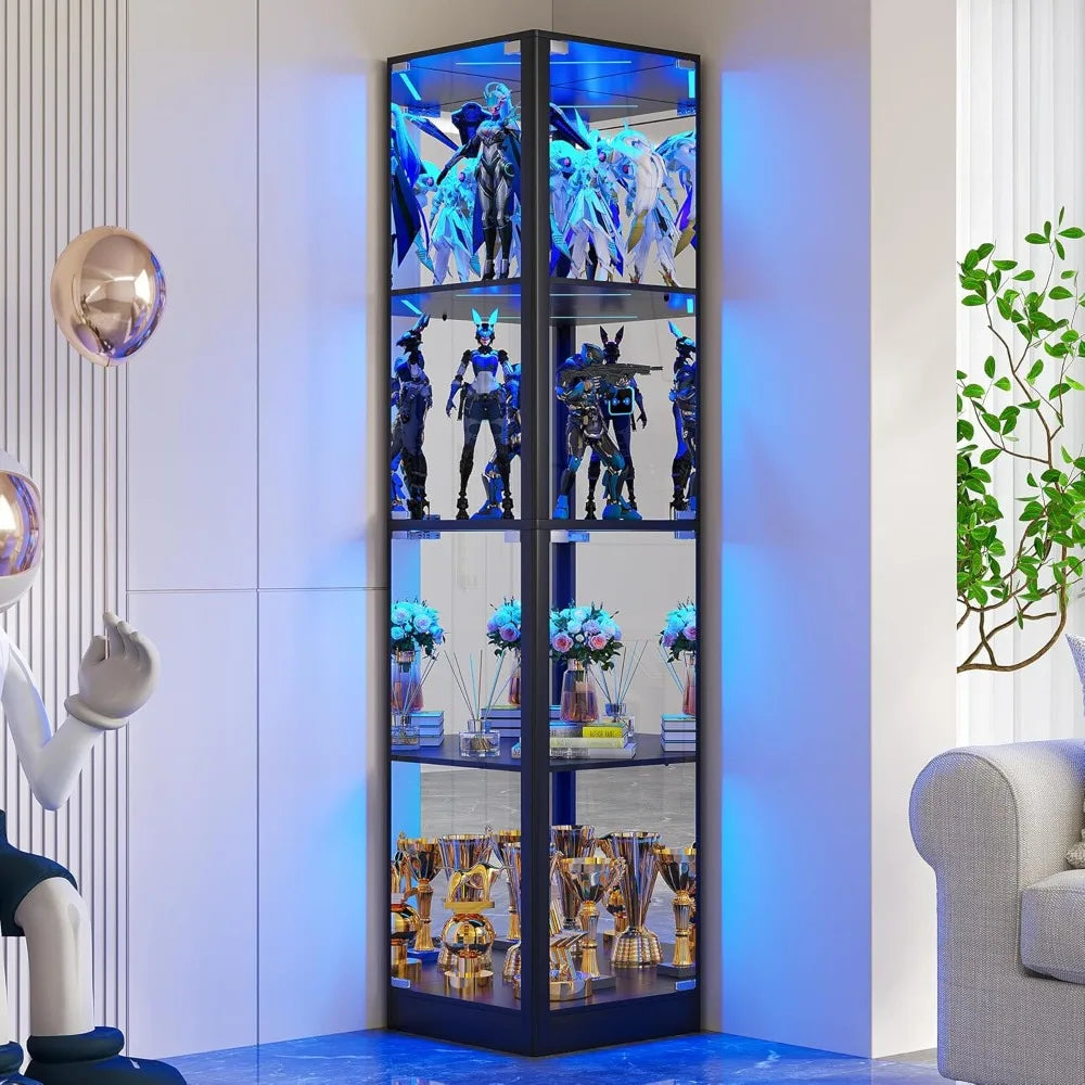 Display Cabinet with Glass Doors, 68" Corner Curio Cabinets with LED Lights, 4-Tier Glass Display Case for Collectibles/Toys/Boo