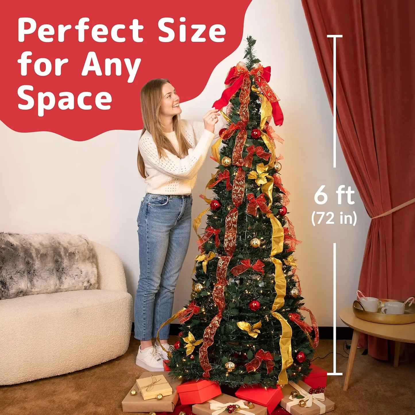 6 ft Pre-Decorated Christmas Tree with 150 Warm Lights, Gold and Red Color, Lighted Christmas Tree, Pop Up Christmas Tree