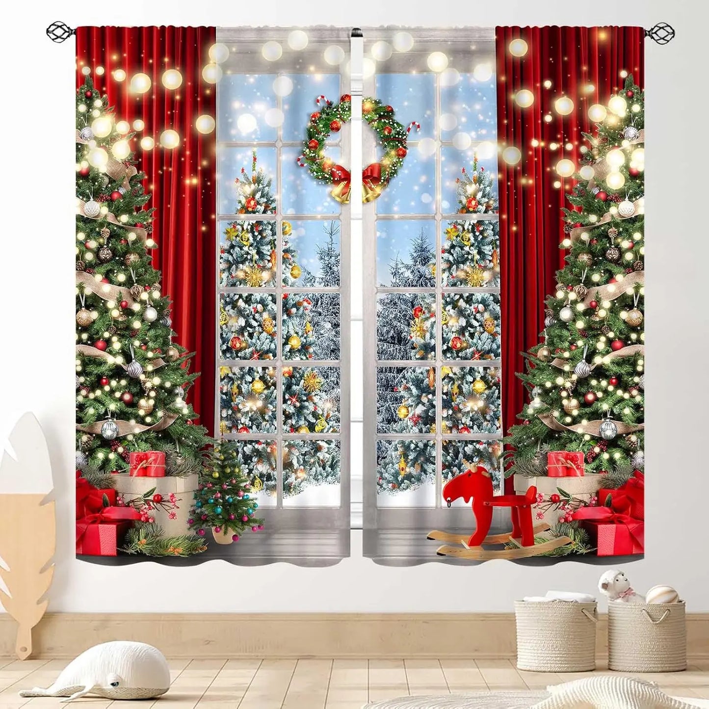 Christmas Tree Curtains, Xmas New Year Winter Snow Forest Merry Christmas Tree Shaped Party Decor Window Drapery Treatments for