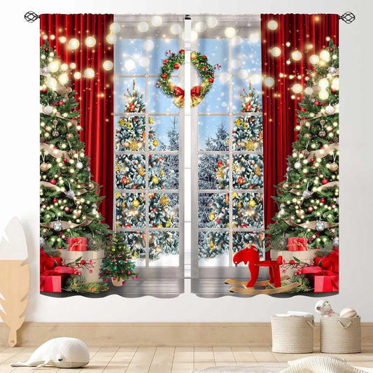 Christmas Tree Curtains, Xmas New Year Winter Snow Forest Merry Christmas Tree Shaped Party Decor Window Drapery Treatments for