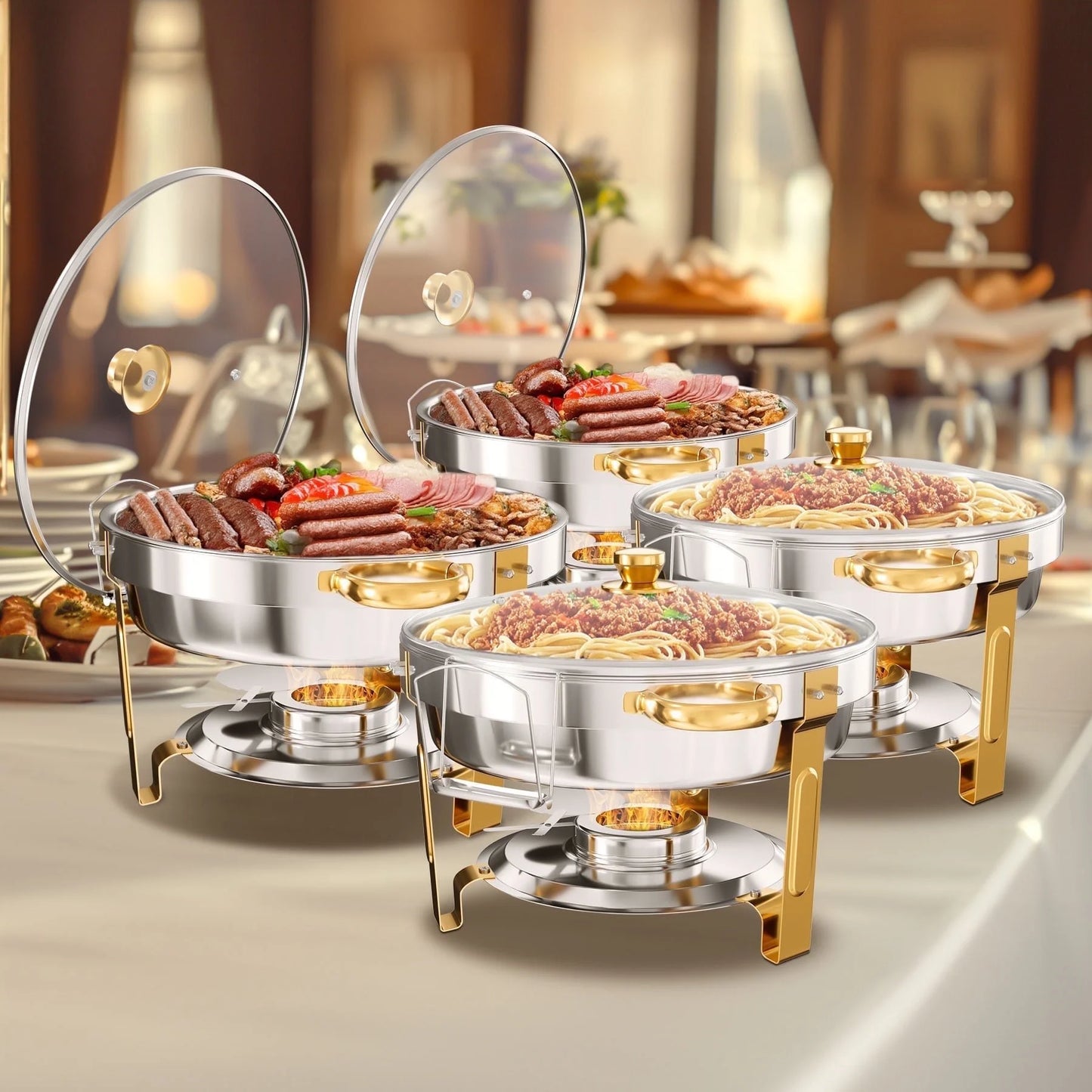 2/4/6 Pack Stainless Steel Chafing Dish Buffet Chafer Pan Round Catering Warmer w/Glass Lid for Party Banquet