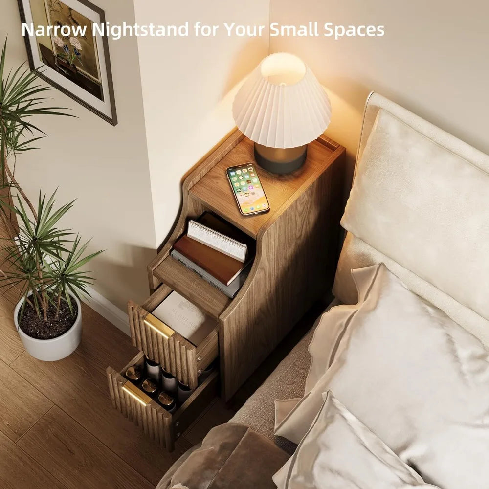 Fluted Nightstands Set of 2,Narrow Bedside Table with 2 Drawers & Storage, Farmhouse Walnut End Table Modern Side Table