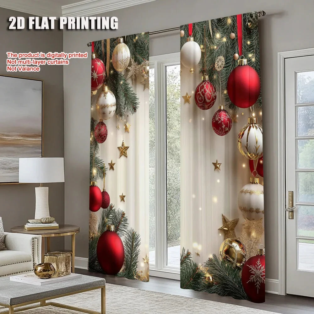 2Pcs Festive Golden And Red Ball Pine Leaves Design Christmas Window Curtains Polyester Rod Pocket Design For Living Room