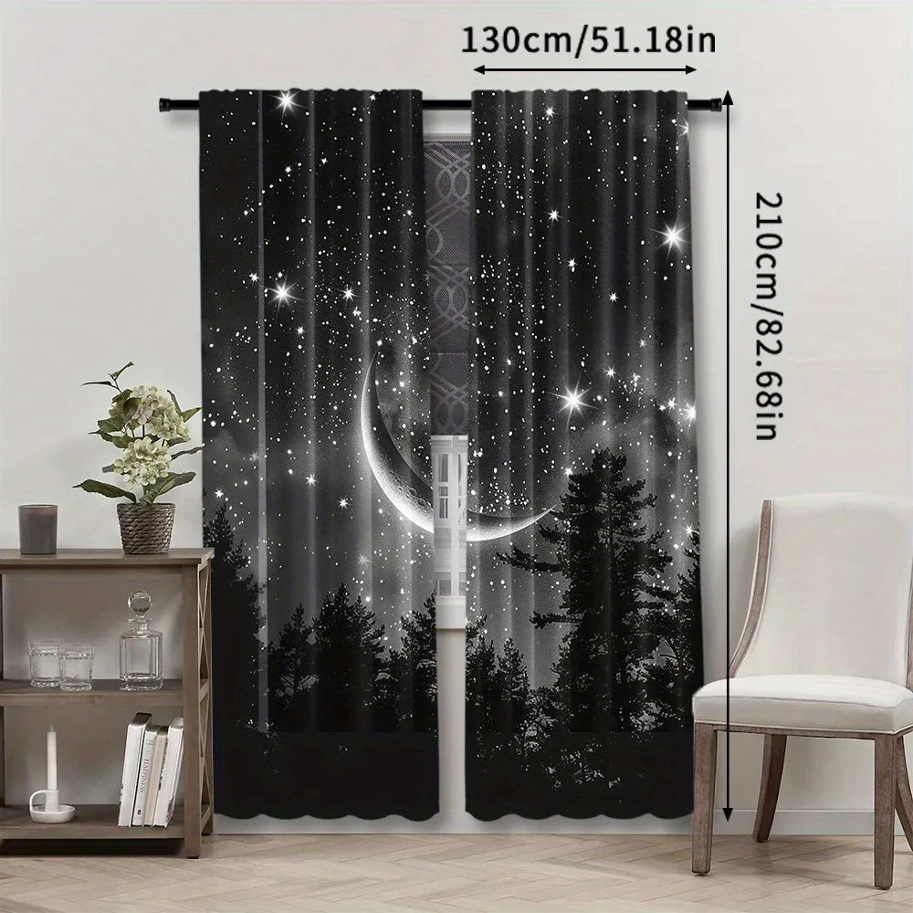 2pcs Forest Starry Sky Moon Night Curtains - Black Rod Pocket Window with Crescent Moon & Starry Sky Design, Perfect for Bedroom