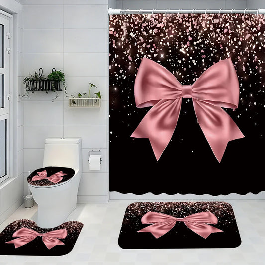 Pink bow bathroom Four-piece Set - Avant-garde waterproof shower curtain, creating a complete bathroom kit