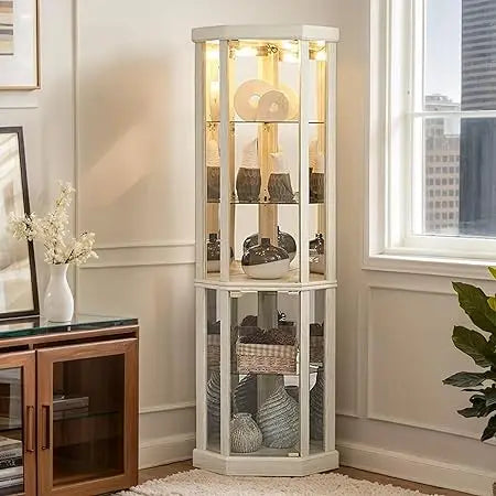 70" H Lighted Corner Curio Cabinet, Glass Display Cabinet with Tempered Glass Door and 5 Shelves, Light Bulb Included, Rack for