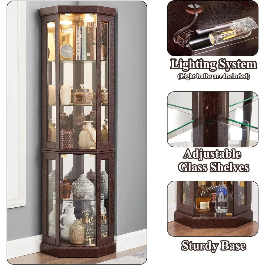 69 H Lighted Curio Cabinet Corner Display CaseCorner Glass Cabinet with Tempered Glass Door and Adjustable Shelves Wooden Curio