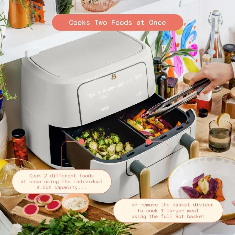 Beautiful 9 QT TriZone Air Fryer, White Icing by Drew Barrymore non stick cooking pot set