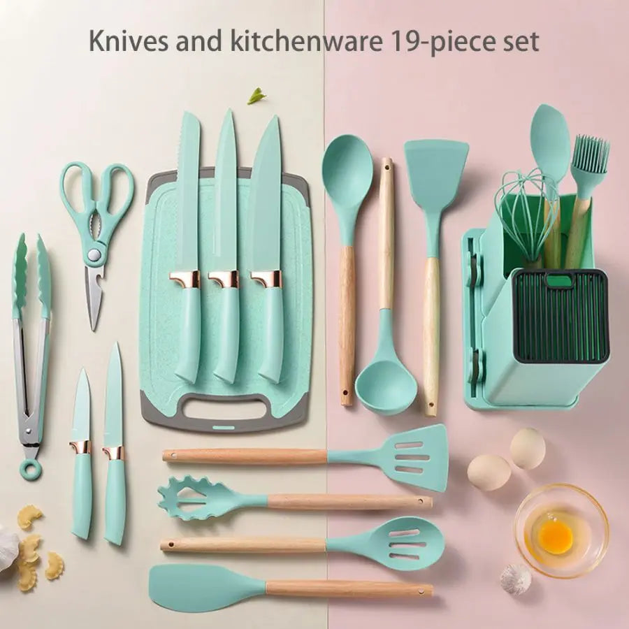 19pcs Food Grade Silicone Brodark Kitchenware Set, Cooking Spoon, Shovel, Cutting Board, Fruit Knife, Chef Knife, Combination Se
