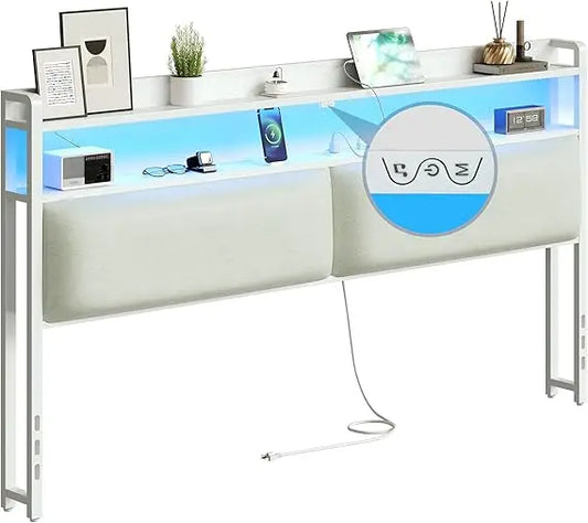 Headboard for King Size Bed Frame, Headboards with Outlets, USB Ports and 60,000 DIY Color LED Light, Upholstered Head Board wit