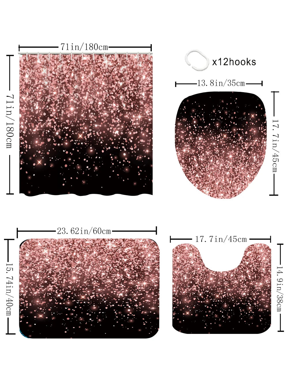 4pc black and pink shower curtain, 2D Flat Printing. Bathroom partition curtain, home decoration, modern home window