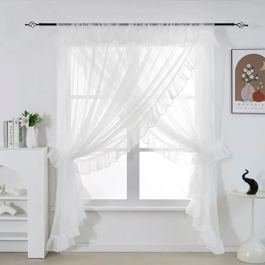 Shabby Chic Double Layer Sheer Ruffled Priscilla Rod Pocket Window Curtain Panel with Tiebacks White 120 W x 84 L