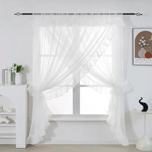 Shabby Chic Double Layer Sheer Ruffled Priscilla Rod Pocket Window Curtain Panel with Tiebacks White 120 W x 84 L