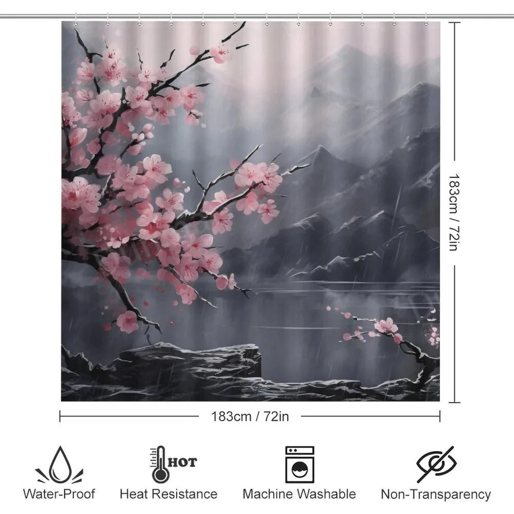 antique cherry blossom shower curtain and rug set, waterproof bathroom decor with nature theme