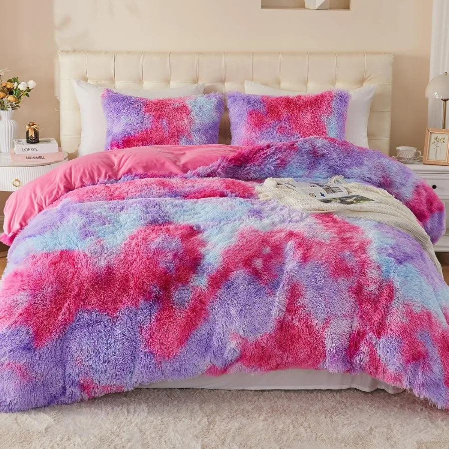 King Size Luxury Fuzzy Duvet Cover Set with Shaggy and Plush Soft Bedding in Rainbow Pink Purple for King Bed