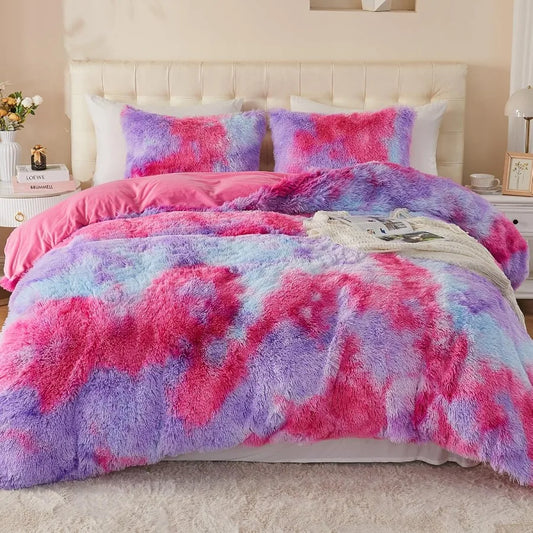 King Size Luxury Fuzzy Duvet Cover Set with Shaggy and Plush Soft Bedding in Rainbow Pink Purple for King Bed