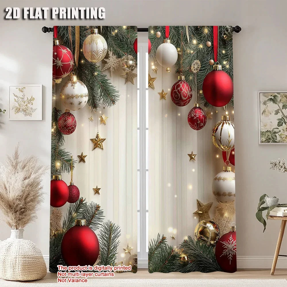2Pcs Festive Golden And Red Ball Pine Leaves Design Christmas Window Curtains Polyester Rod Pocket Design For Living Room