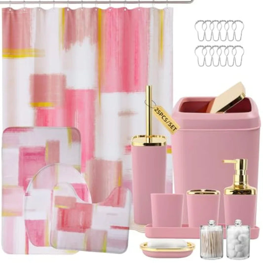 Pink and Gold Bathroom Set with Shower Curtain and Rugs Includes Trash Can Soap Dispenser and Soap Dish for Home Decor