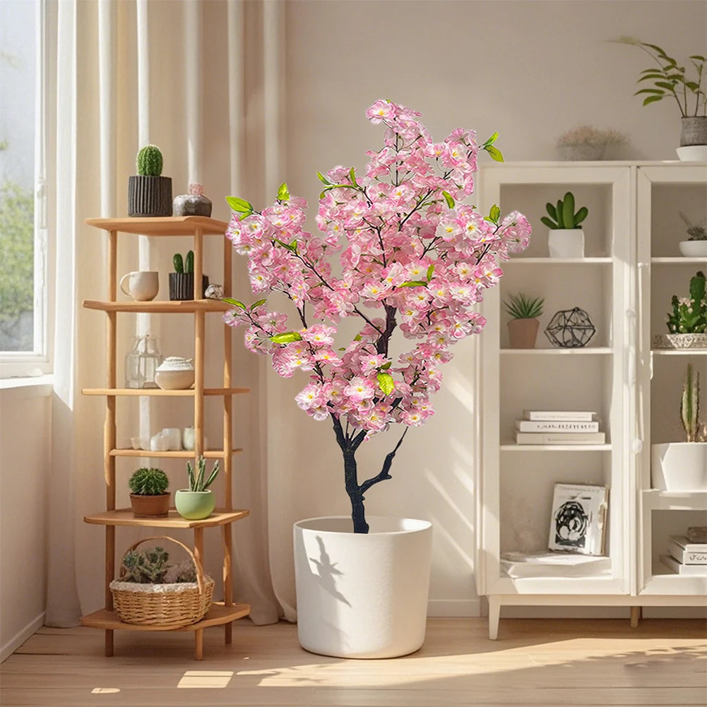 Artificial Cherry Blossom Tree, Tall Potted Faux Cherry Blossom Tree Plants In Pot With Lifelike Trunk For Indoor Home Decor