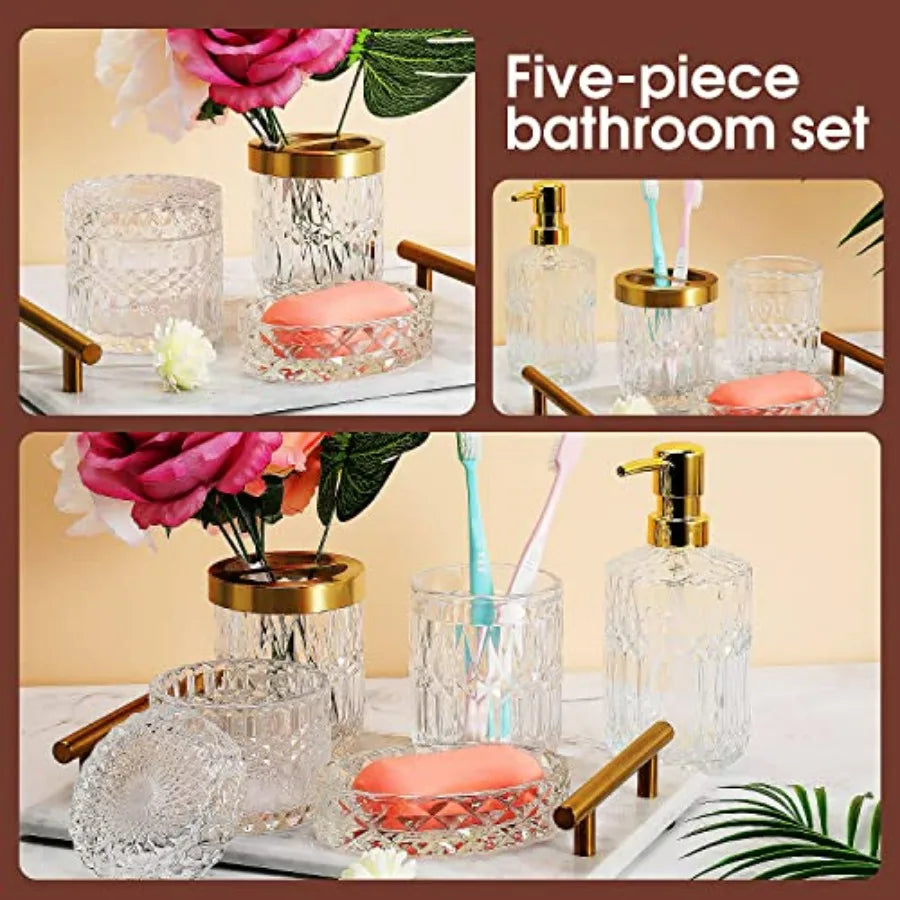 5Pcs Glass Bathroom Accessories Complete Set Lotion Dispenser Soap Dish Toothbrush Holder Tumbler Cotton Swab Jars Modern Bathr