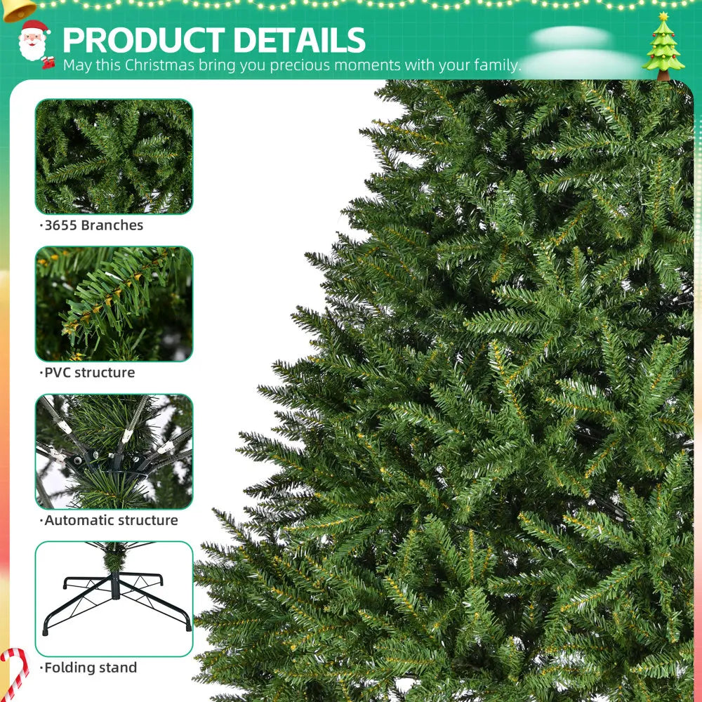 9ft Unlit Hinged Christmas Tree, 3655 Tips, Metal Stand, Easy Assembly. Ideal for Festivals.