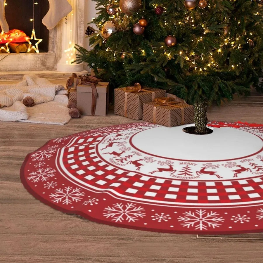48 Inch Red Christmas Tree Skirt with Snowflake and Reindeer Design for Rustic Farmhouse Holiday Decor Ideal for Indoor and Out