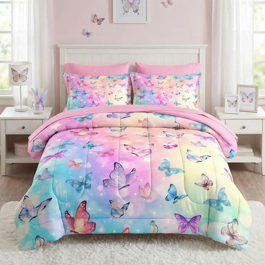 Comforter Set Twin Size, Pink Blue Butterfly 5 Pcs Bedding for Kids and Adults, Purple Colorful Rainbow Bed Sheet Sets with Fitt