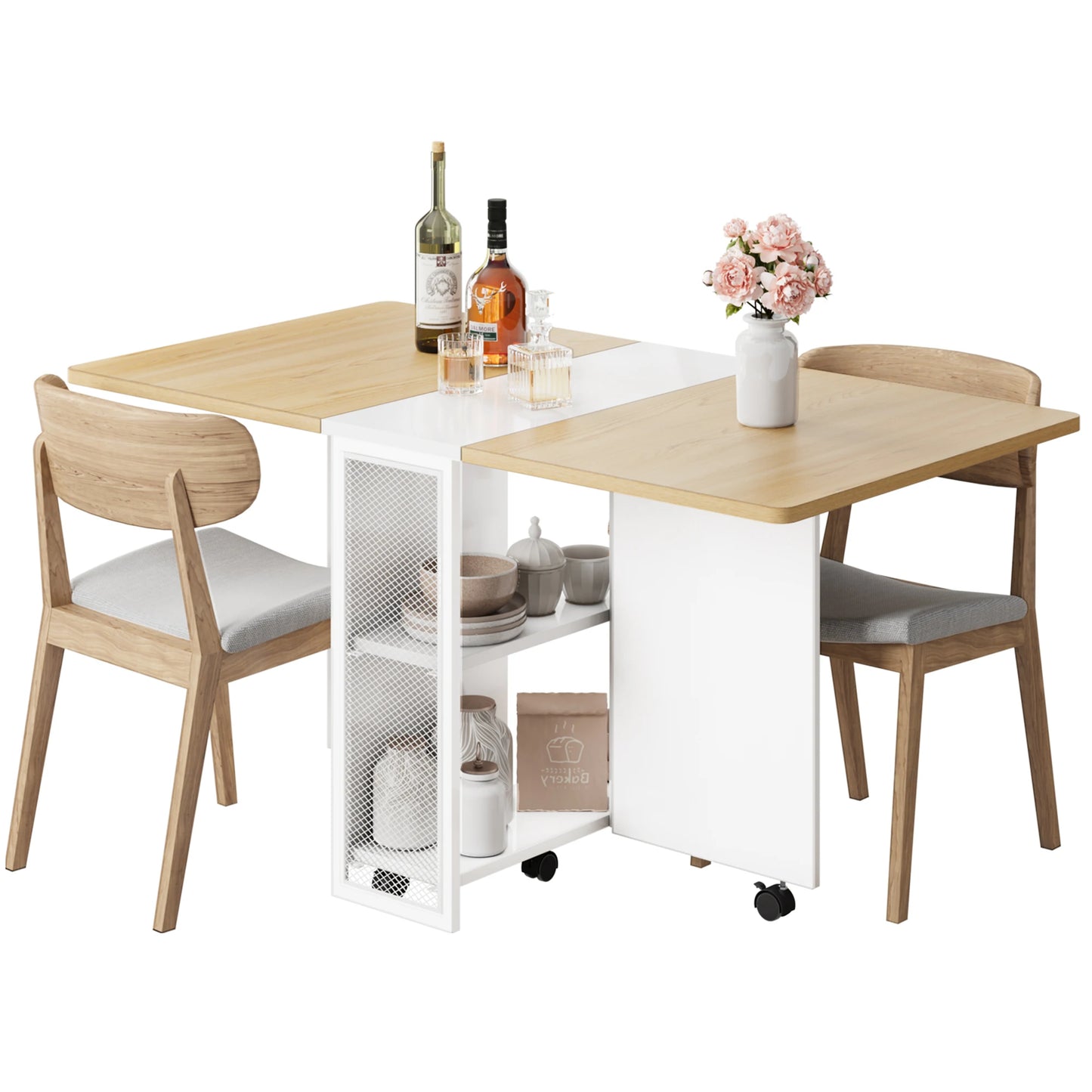Folding Dining Table, Drop Leaf Dining Table for 4, Foldable Kitchen Table with 6 Wheels and 2 Storage Shelf, Space Saving