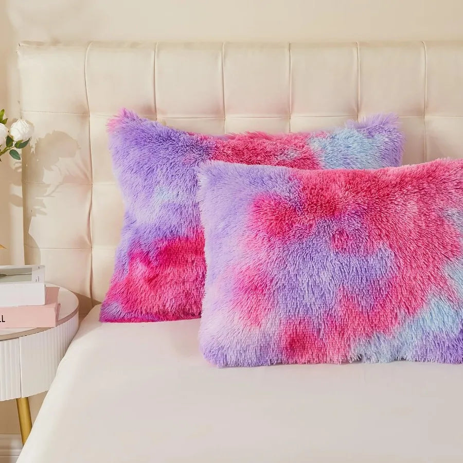 King Size Luxury Fuzzy Duvet Cover Set with Shaggy and Plush Soft Bedding in Rainbow Pink Purple for King Bed
