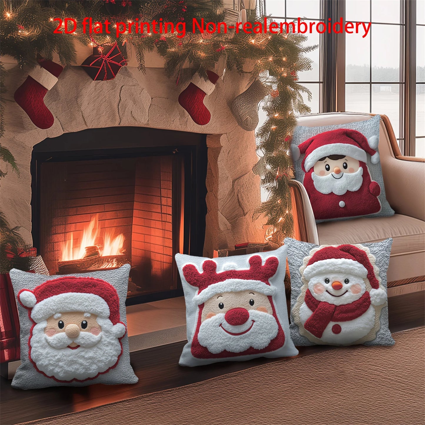 Set of 4 Christmas Pillow Covers with Festive Cartoon Prints - Decorative Holiday Cushion Cases for Sofa Couch Bed