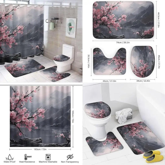 antique cherry blossom shower curtain and rug set, waterproof bathroom decor with nature theme