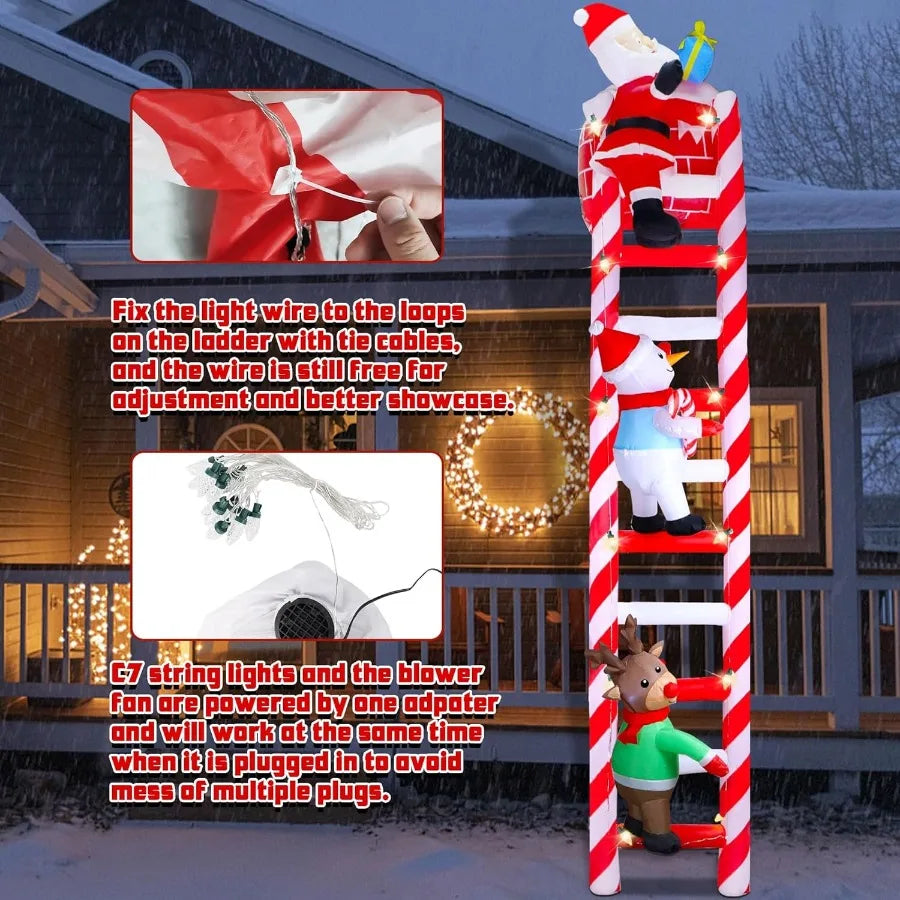 10FT Christmas Inflatable Decoration Giant Lighted Ladder to Chimney Climbed with Reindeer Santa Snowman Xmas Blowups