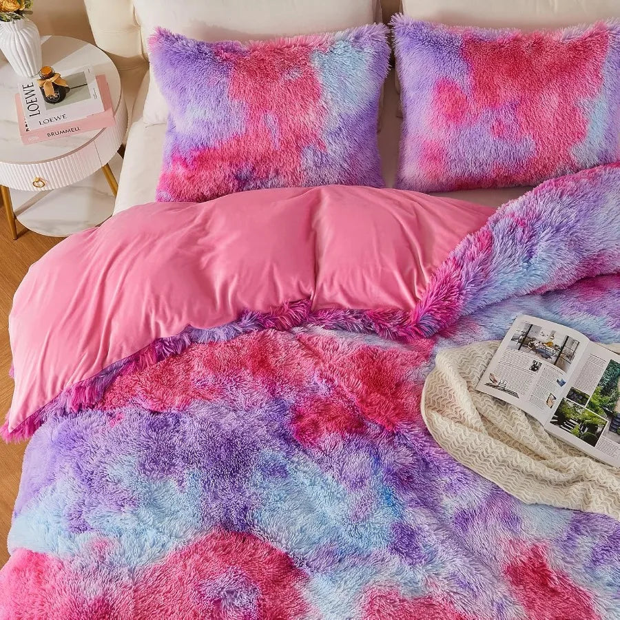 King Size Luxury Fuzzy Duvet Cover Set with Shaggy and Plush Soft Bedding in Rainbow Pink Purple for King Bed