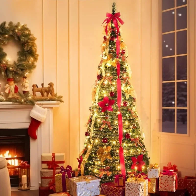 6 ft Pre-Decorated Christmas Tree with 150 Warm Lights, Gold and Red Color, Lighted Christmas Tree, Pop Up Christmas Tree