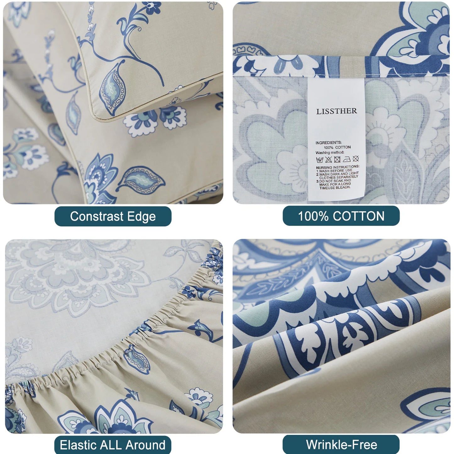 4pcs 600TC 100% Egyptian Cotton Sheet Set, Blue Boho Damask Paisley Floral, Soft Skin-Friendly (No Inserts)